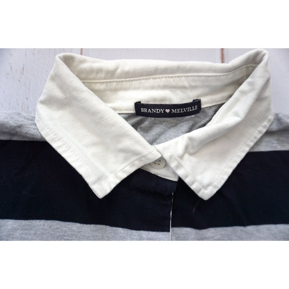 Brandy Melville Striped Rugby Long-Sleeve Polo Shirt Navy/ Gray - Size O/S - Picture 2 of 5